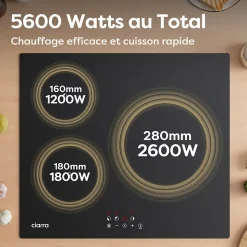 Plaque de cuisson induction 3 foyers 5600W L59xP52cm minuterie individuelle 9 niveaux de puissance Ciarra CD3BIH-F
