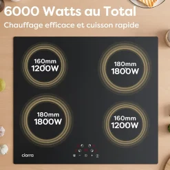 Plaque de cuisson induction 4 foyers 6000W L59xP52cm 4 miuteurs 9 niveaux de puissance tactile Ciarra CD4BIH-F