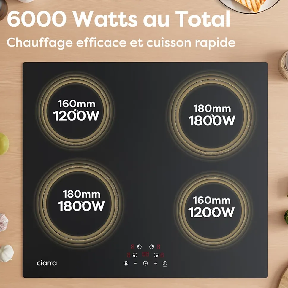 Plaque de cuisson induction 4 foyers 6000W L59xP52cm 4 miuteurs 9 niveaux de puissance tactile Ciarra CD4BIH-F