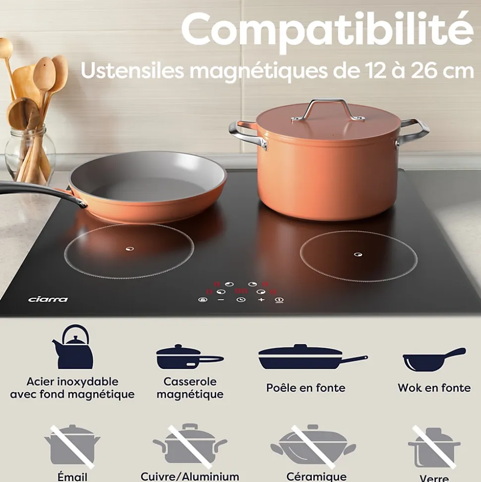 Plaque de cuisson induction 4 foyers 6000W L59xP52cm 4 miuteurs 9 niveaux de puissance tactile Ciarra CD4BIH-F