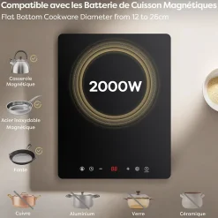 Plaque de cuisson induction Portable 1 Feux 2000W 9 Niveaux de Puissance Verrouillage Enfant Minuterie CDV201T