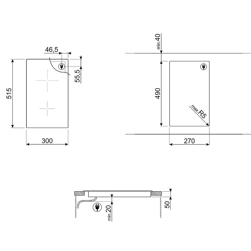 Plaque de cuisson induction 2 foyers Smeg coloris noir l.27 x P.51,5 x H.5,2 cm