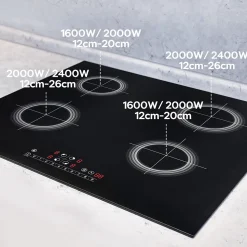 Plaque de cuisson induction 4 foyers 7200W L59xP52cm 9 puissance booster minuterie tactile Ciarra CD4BBIH