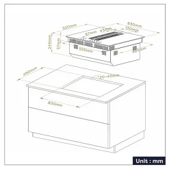 Plaque de cuisson induction avec hotte intégrée 7000W L83cm 500m3h 4 foyers booster flex zone recyclage evacuation Ciarra
