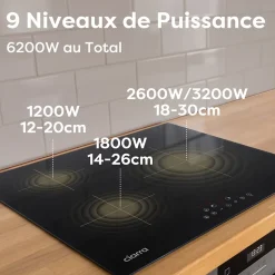 Plaque de cuisson induction 3 foyers 6200W fonction boost L59xP52cm 9 puissances securité enfant auto-stop minuterie Ciarra CD3BIH