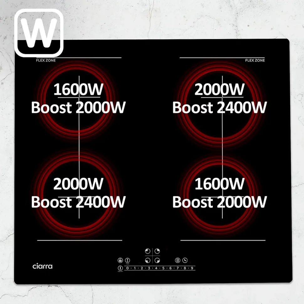 Plaque de cuisson induction 4 foyers 7200W L59xP52cm 9 puissance 2 flexizones boost verrouillage enfant Ciarra CD4BFFBIH
