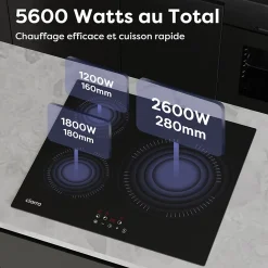 Plaque de cuisson induction 3 foyers 5600W L59xP52cm 9 niveaux puissance tactile minuteur individuel Ciarra CD3BIH-A
