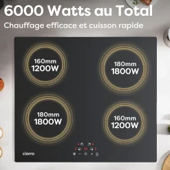Plaque de cuisson induction 4 foyers 6000W L59xP52cm commande tactile 9 niveaux de puissance minuterie Ciarra CD4BIH-A
