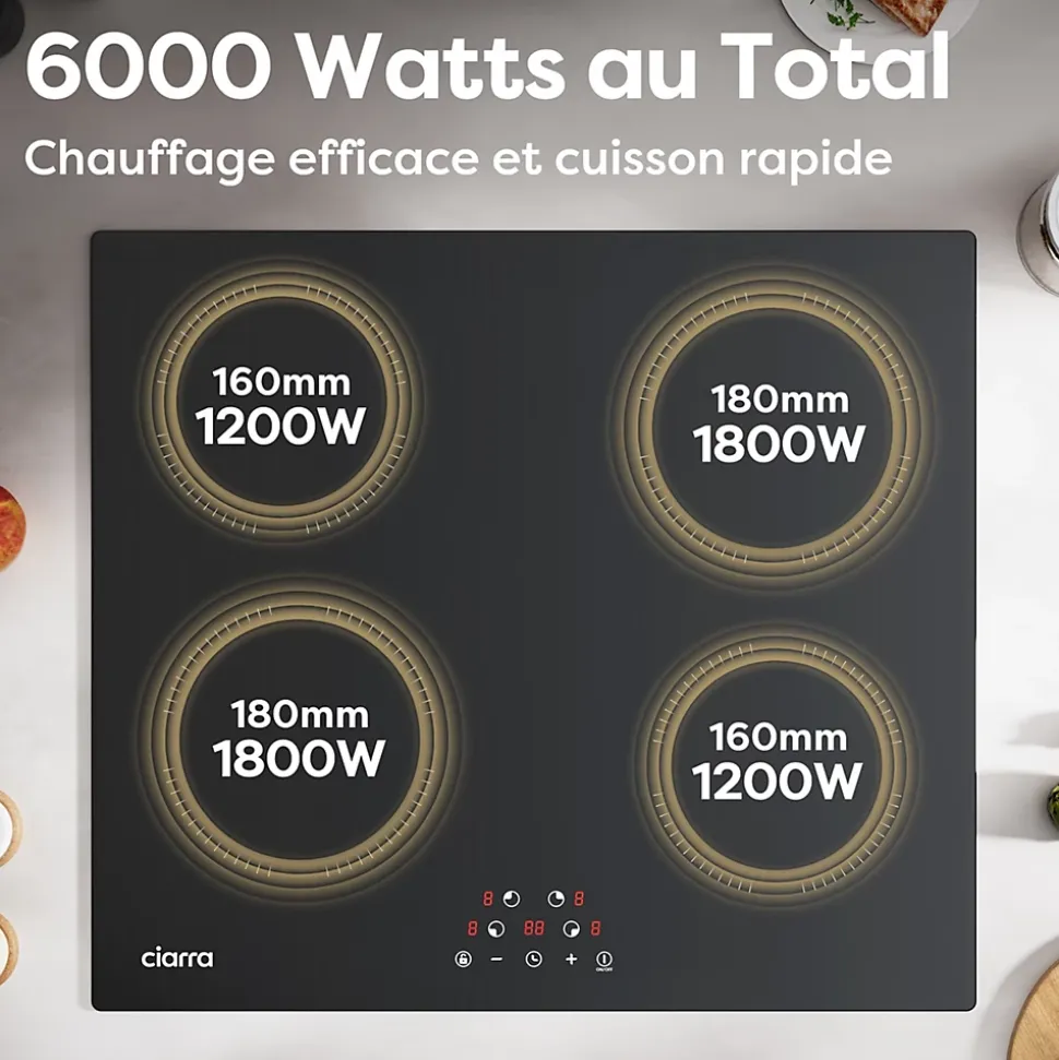 Plaque de cuisson induction 4 foyers 6000W L59xP52cm commande tactile 9 niveaux de puissance minuterie Ciarra CD4BIH-A