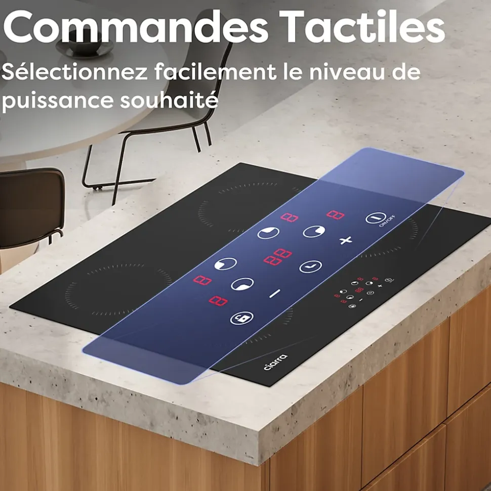 Plaque de cuisson induction 4 foyers 6000W L59xP52cm commande tactile 9 niveaux de puissance minuterie Ciarra CD4BIH-A