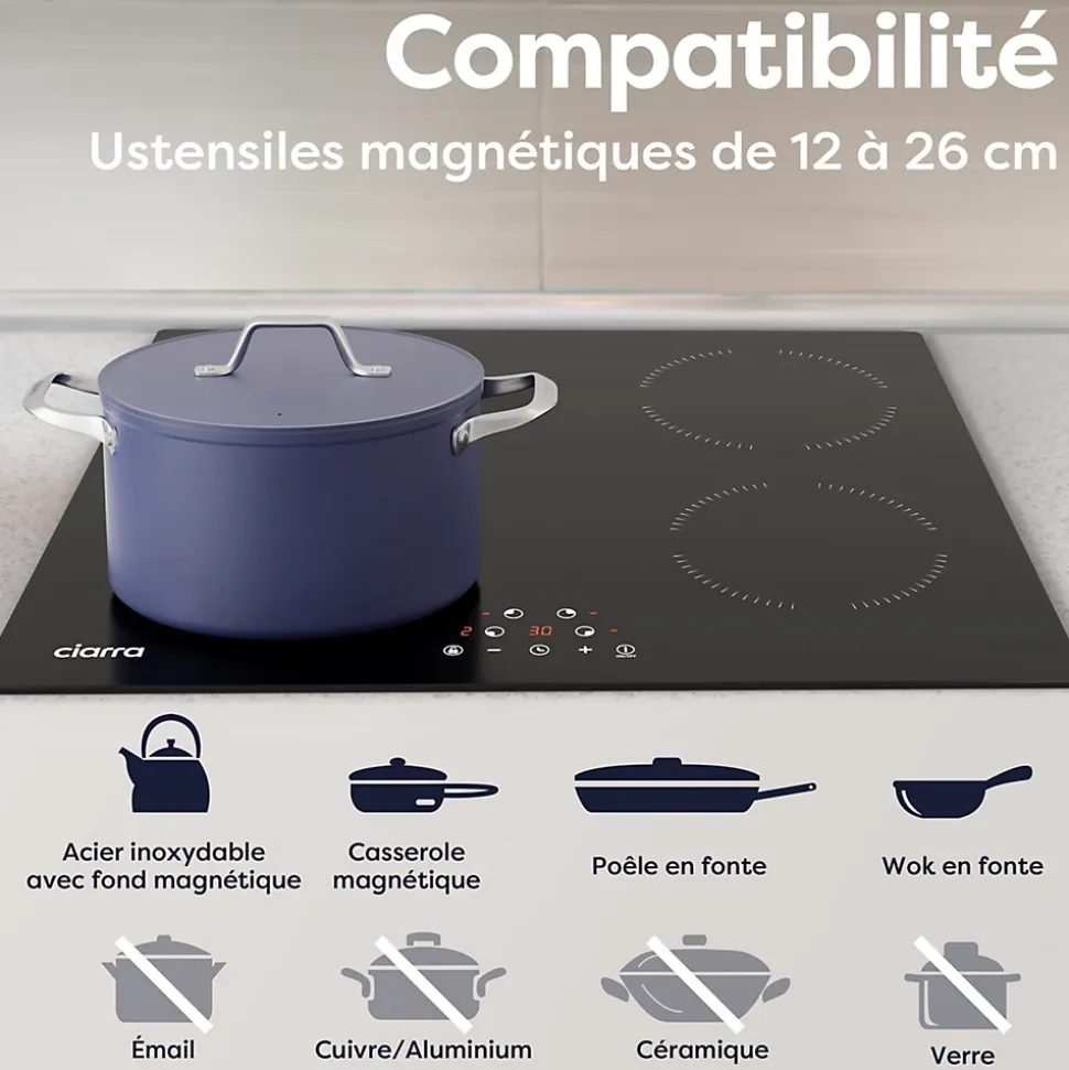 Plaque de cuisson induction 4 foyers 6000W L59xP52cm commande tactile 9 niveaux de puissance minuterie Ciarra CD4BIH-A