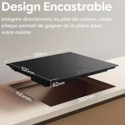 Plaque de cuisson induction 4 foyers 6000W L59xP52cm commande tactile 9 niveaux de puissance minuterie Ciarra CD4BIH-A