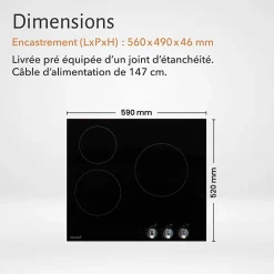 Plaque de Cuisson Vitrocéramique 3 Foyers - 5200W - Commandes par Manettes - Boutons Encastrable Contrôle Mécanique Facile