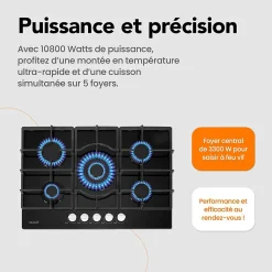 Plaque gaz 5 feux en verre noir - Brûleurs et grilles en fonte - 10 800 Watts encastrement 56x49 cm
