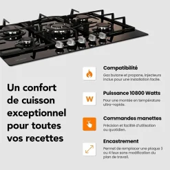 Plaque gaz 5 feux en verre noir - Brûleurs et grilles en fonte - 10 800 Watts encastrement 56x49 cm