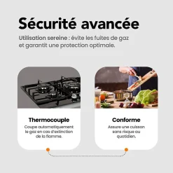 Plaque gaz 5 feux en verre noir - Brûleurs et grilles en fonte - 10 800 Watts encastrement 56x49 cm