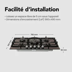Plaque gaz 5 feux en verre noir - Brûleurs et grilles en fonte - 10 800 Watts encastrement 56x49 cm