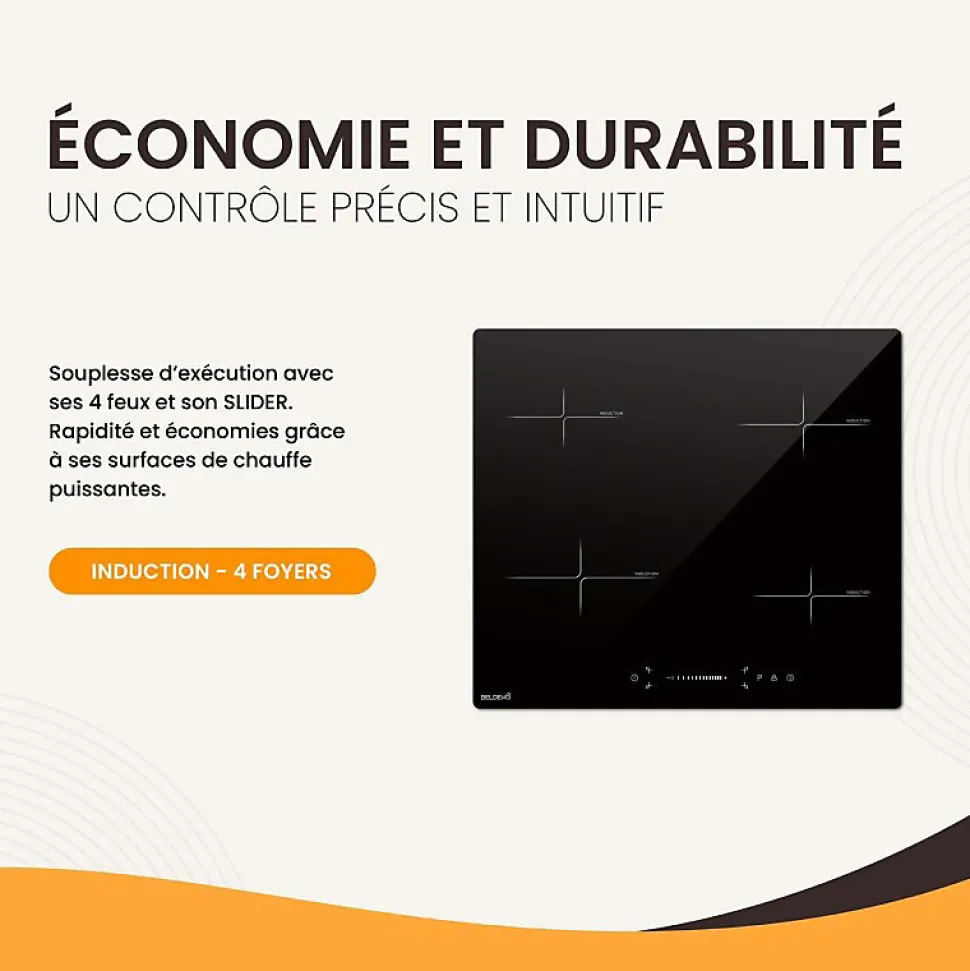 Plaque induction encastrable 4 foyers, 8100 W, slider tactile et minuteurs