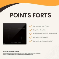 Plaque induction encastrable 4 foyers, 8100 W, slider tactile et minuteurs