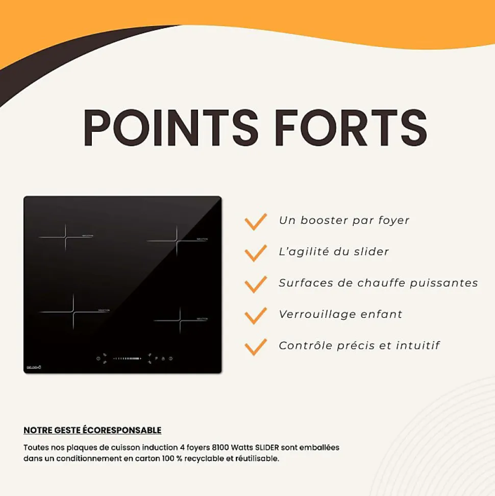 Plaque induction encastrable 4 foyers, 8100 W, slider tactile et minuteurs