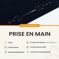 Plaque induction encastrable 4 foyers, 8100 W, slider tactile et minuteurs