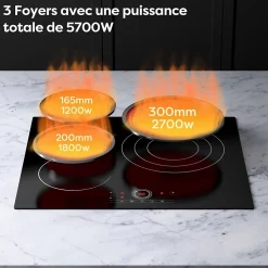 Plaque vitrocéramique 3 Feux Encastrable 5700W 9 Niveaux Minuterie 99 Min Commande Tactile Sécurité Enfant CDVER573 CDV