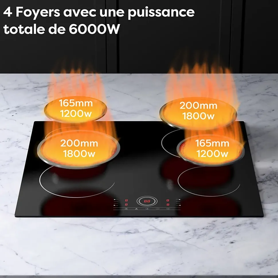 Plaque Vitrocéramique 4 Foyers Encastrable 6000W 9 Niveaux Minuterie 99 Min Commande Tactile Sécurité Enfant CDVER604 CDV