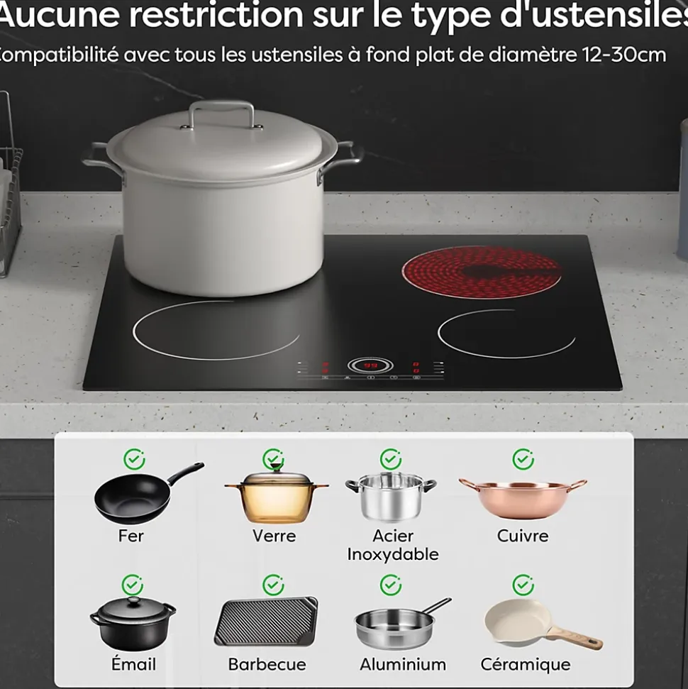 Plaque Vitrocéramique 4 Foyers Encastrable 6000W 9 Niveaux Minuterie 99 Min Commande Tactile Sécurité Enfant CDVER604 CDV