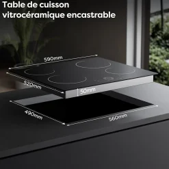 Plaque Vitrocéramique 4 Foyers Encastrable 6000W 9 Niveaux Minuterie 99 Min Commande Tactile Sécurité Enfant CDVER604 CDV