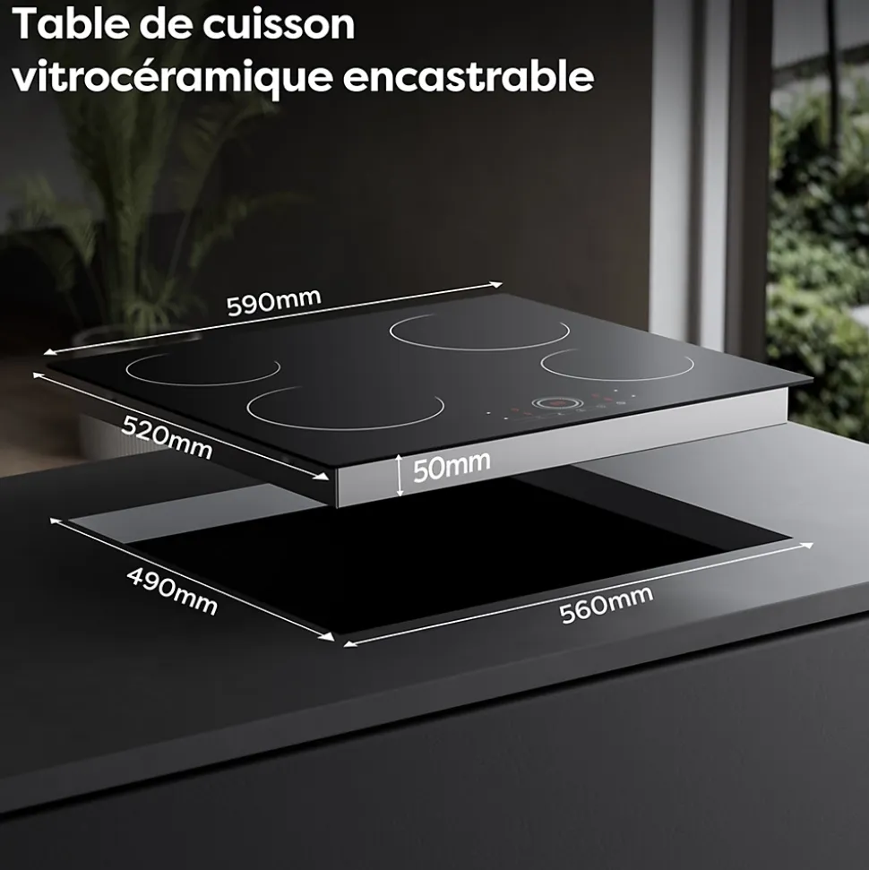 Plaque Vitrocéramique 4 Foyers Encastrable 6000W 9 Niveaux Minuterie 99 Min Commande Tactile Sécurité Enfant CDVER604 CDV