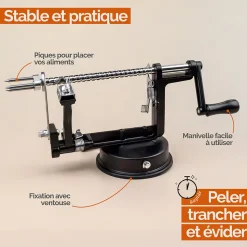 Épluche pomme, poire, 3 en 1, pèle, tranche, évide, avec ventouse - Noir - Linxor