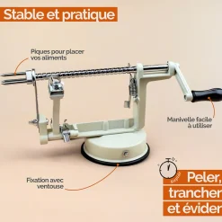 Épluche pomme, poire, 3 en 1, pèle, tranche, évide, avec ventouse - Beige - Linxor