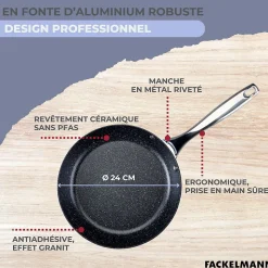 Poêle 24 cm fonte alu revêtement antiadhésif céramique sans PFAS Fackelmann