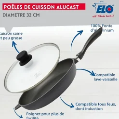 Poêle à frire 32 cm avec couvercle en verre sans PFAS Elo Alucast