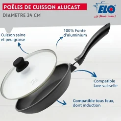 Poêle à frire 24 cm et couvercle en verre sans PFAS Elo Alucast