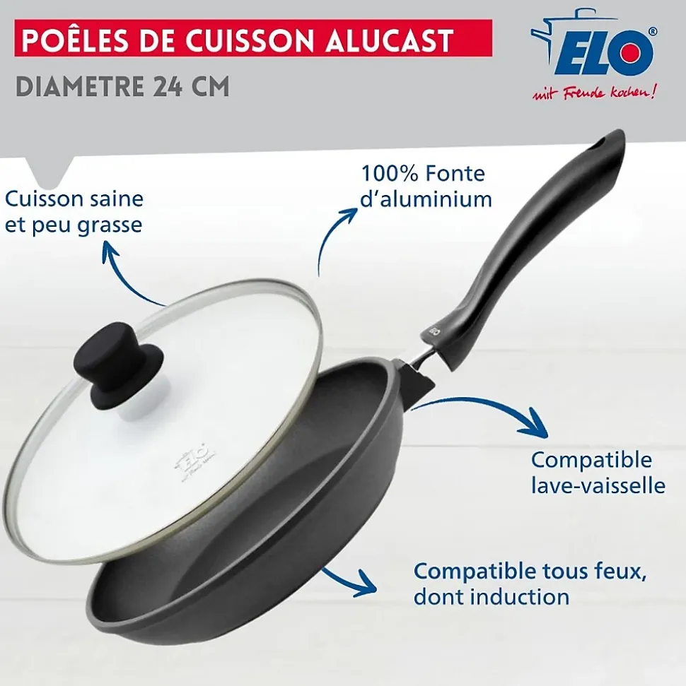 Poêle à frire 24 cm et couvercle en verre sans PFAS Elo Alucast