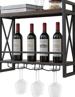 Porte Bouteille Mural à 2 Niveaux Casier à Vin Suspendu en Métal Antirouille avec 3 Rangées de Porte Gobelets Noir et Marron