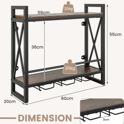 Porte Bouteille Mural à 2 Niveaux Casier à Vin Suspendu en Métal Antirouille avec 3 Rangées de Porte Gobelets Noir et Marron