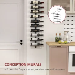 Porte-bouteilles mural 10 bouteilles - casier à vin mural - dim. 27 x 10 x 116 cm - acier noir
