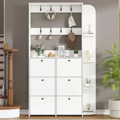 Portemanteau entrée 120x24x200 cm, 3 en 1, 8 crochets, 5 étagères, armoire chaussures - blanc