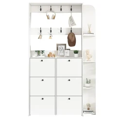 Portemanteau entrée 120x24x200 cm, 3 en 1, 8 crochets, 5 étagères, armoire chaussures - blanc