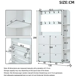 Portemanteau entrée 120x24x200 cm, 3 en 1, 8 crochets, 5 étagères, armoire chaussures - blanc