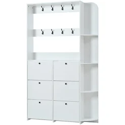 Portemanteau entrée 120x24x200 cm, 3 en 1, 8 crochets, 5 étagères, armoire chaussures - blanc