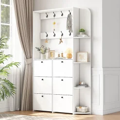 Portemanteau entrée 120x24x200 cm, 3 en 1, 8 crochets, 5 étagères, armoire chaussures - blanc