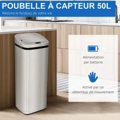 Poubelle à capteur de mouvement ouverture automatique 50L acier inox.
