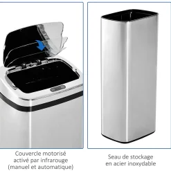 Poubelle à capteur de mouvement ouverture automatique 50L acier inox.