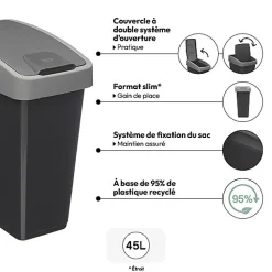 Poubelle 2 ouvertures plastique 45L Gris - 5Five