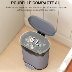 Poubelle à pédale compacte design 6L - seau intérieur amovible, couvercle fermeture douce - métal gris