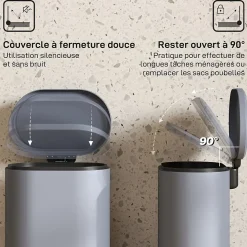 Poubelle à pédale compacte design 6L - seau intérieur amovible, couvercle fermeture douce - métal gris