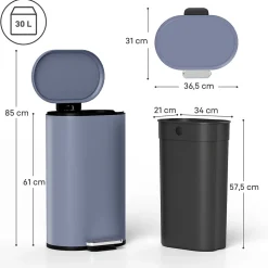 Poubelle à pédale 30L - poubelle de cuisine - poubelle ronde - métal gris